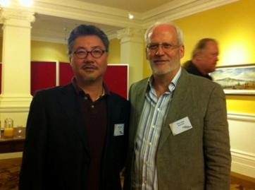 Dave Gibson with Kevin Chang, the Chairman of Cheongpung Film Commission & Media Center in Korea at the Asia-Pacific Producers' Network civic reception hosted by the Wellington City Council